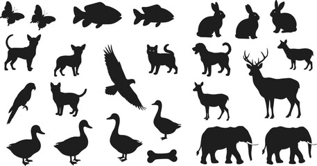 animal silhouette collection, dog cat bird rabbit fish deer elephant duck butterfly eagle vector icons, black wildlife shapes isolated illustration set