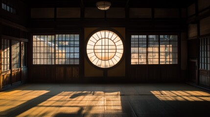 Sunlit Serenity in Traditional Japanese Architecture with Circular Window Design