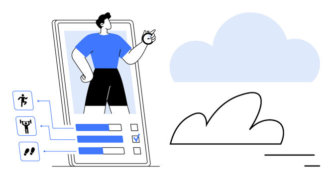 Man standing as a digital avatar in fitness app interface with activity metrics and charts. Ideal for fitness, technology, health goals, self-improvement, apps, cloud integration, simple landing page