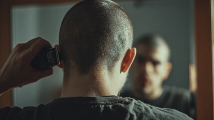 Over-the-shoulder shot focusing on the contrast: An 18-year-old man holds electric clippers mid-cut to his head, removing thick, long hair while observing in the mirror.