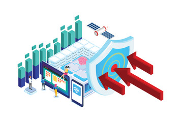 Fototapeta premium Isometric personal data protection web banner concept. Cyber security and privacy. Traffic Encryption, VPN, Privacy Protection Antivirus. Vector illustration.