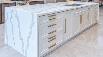 Elegant white kitchen island with quartz countertop and modern gold hardware design