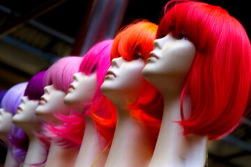 A row of female manikin heads wearing pink, orange, and red coloured hair wigs