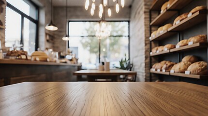 empty wooden table in modern bakery shop | restaurant, interior design, retail, food, architecture theme