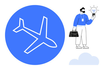 Airplane icon in blue circle next to professional holding suitcase and light bulb. Ideal for travel, innovation, corporate strategy, business ideas, creativity, leadership, planning. Simple flat
