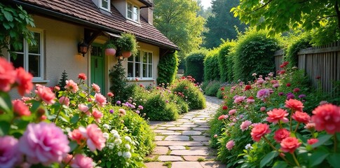 Charming English cottage garden overflowing with vibrant blooms, stone pathways, and rustic details Perfect for home decor, travel, and lifestyle projects , sunflowers, rustic