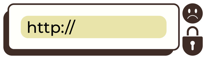 Browser address bar with an insecure connection warning, featuring http text, a sad face icon, and an open lock. Ideal for cybersecurity, online threats, privacy, weak encryption, online safety