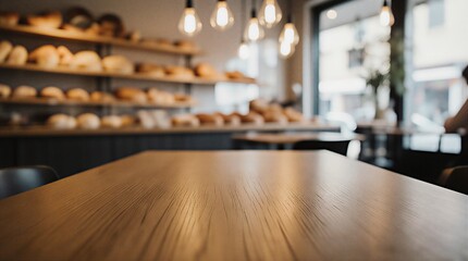 Obraz premium dining table in cozy bakery shop with blurred background | cafe, retail, advertising, interior, promotion theme