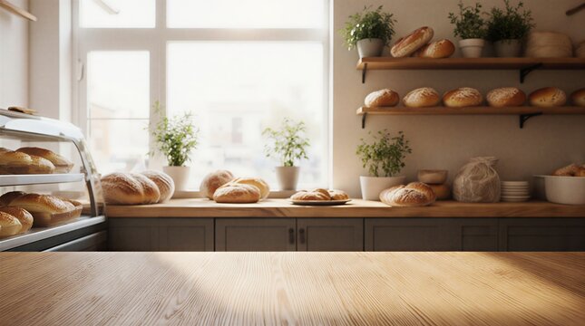 blurred bakery background with wooden table top, rustic display backdrop | retail, design, home, style, food theme