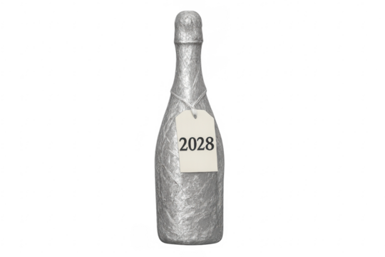 Silver champagne or wine bottle celebrating new year's eve 2028 with transparent background