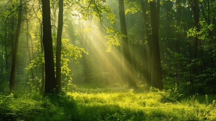 Obraz premium Golden sunbeams stream through the canopy of a lush, green forest, illuminating a peaceful clearing.