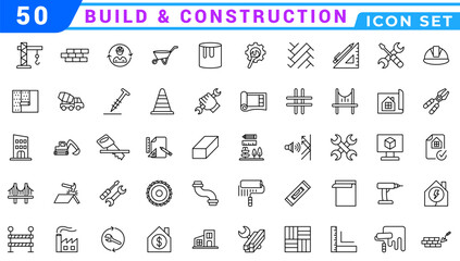 Build and construction icon element set. Containing crane, building, land, excavator, maintenance, contractor, worker, architecture and more. Solid icons vector collection.