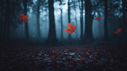 Mystical autumn forest with falling leaves creating a serene and evocative scene