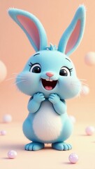 Fototapeta premium Cheerful and Adorable Cartoon Blue Rabbit with a Fluffy Appearance on Pink Background. Easter bunny.
