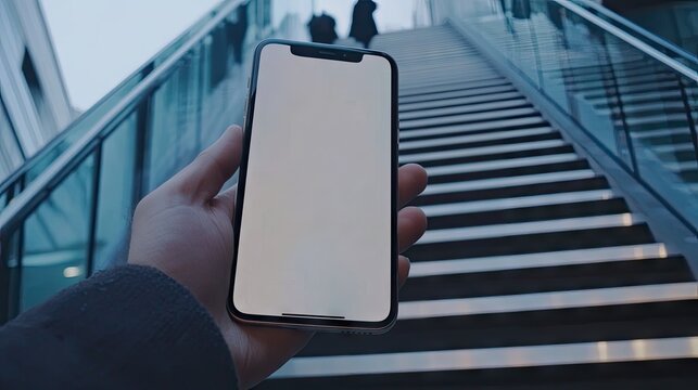 A hand holds a smartphone with a blank screen, ascending a modern glass and metal staircase; out-of-focus figures climb ahead