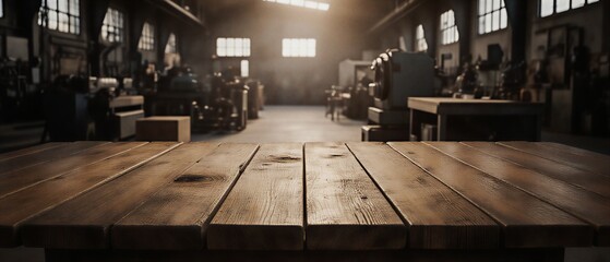warm rustic wooden table top in industrial factory setting | background, decor, industrial, presentation, photo theme