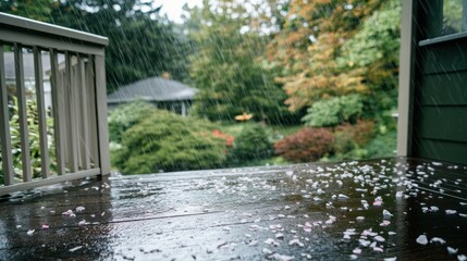 Rainy day on a wooden deck with fallen petals and a tranquil garden view creating a peaceful