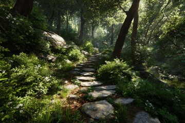 Obraz premium Stone Path Through Forest: Showcase a balanced and winding stone path through a lush forest, inviting viewers to follow a mindful journey. 