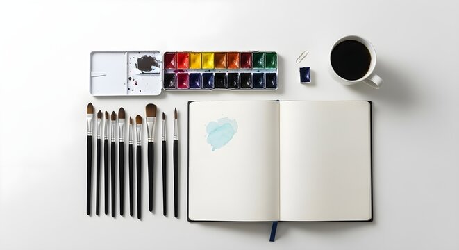 4k, Overhead flat lay showcases watercolor painting tools and open sketchbook with a single blue leaf, brushes, and coffee on a clean white surface with minimalist style.