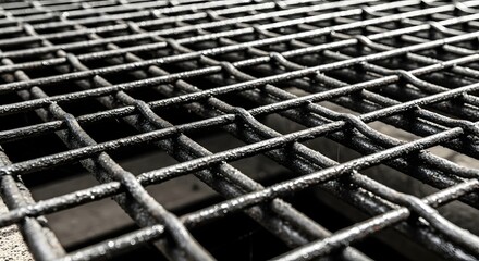Close-up perspective of a heavy-duty welded steel mesh grate over a concrete floor.