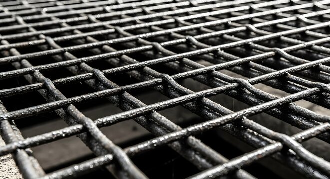 Close-up perspective of a heavy-duty welded steel mesh grate over a concrete floor. - Powered by Adobe