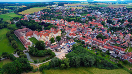 Aerial panorama view of the old town in the city Ellingen in Germany on a sunny day in spring
