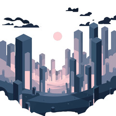 Obraz premium Pixel Art Cityscape with Tall Buildings and Pastel Sky at Sunset