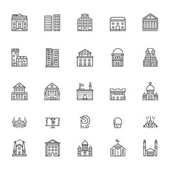 Fototapeta premium A vector illustration set of black real estate icons featuring various home and building silhouettes