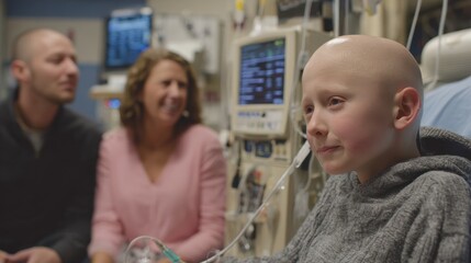 real footage face shot of a bald child with no eyebrows in a wheel chair hooked up to a chemotherapy machine at hospital. pan right to his parents crying while a doctor talks to them.