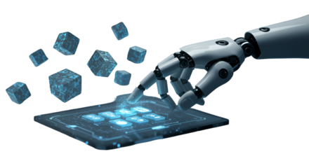 A robotic hand navigates a glowing interface surrounded by floating data cubes envisioning the future of artificial