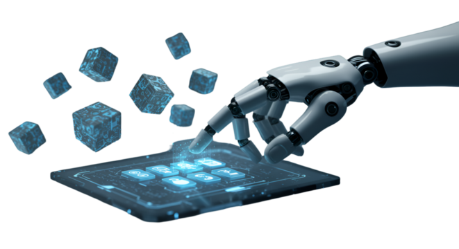 A robotic hand navigates a glowing interface surrounded by floating data cubes envisioning the future of artificial