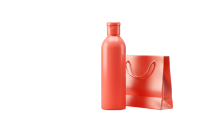 A coral shampoo bottle promises a spa experience delivered with style inside of a matching gift bag set against a
