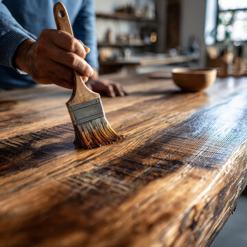 applying shellac over stian in wood table with a brush. AI generative.
