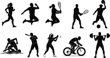 Sports silhouettes, athletes playing basketball, baseball, cycling, running, swimming, tennis, fitness, exercise, active lifestyle, sports training, competition, outdoor activities