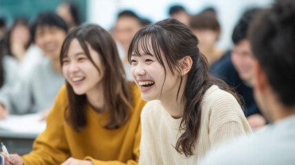 笑顔で授業・講義を受ける日本の学生・女子大生たち、教室, 勉強, 友情, 楽しい, 大学生活