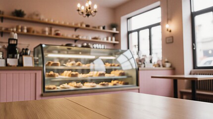 blurry bakery shop with wooden table and display counter | cafe, retail, interior, product, display theme