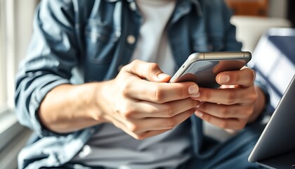 Close-up of hands holding smartphone and using it mobile