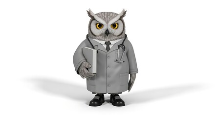 Wise Owl Doctor - 3D Render of Anthropomorphic Owl in Medical Attire.