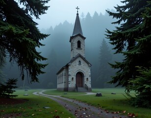 Fototapeta premium Misty Forest Church Amid Evergreen