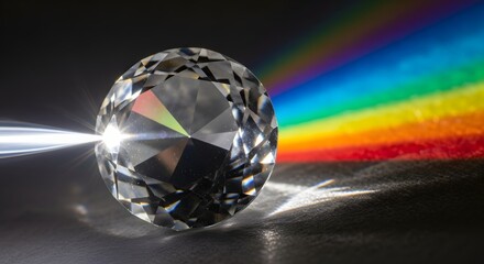 A brilliant-cut diamond disperses a beam of white light, creating a vibrant rainbow spectrum against a dark background.