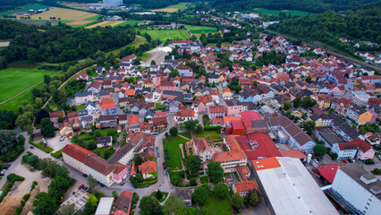 Aerial panorama view of the old town in the city Treuchtlingen in bavaria in Germany on a sunny day...