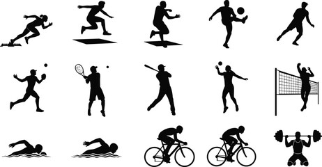 Sports silhouettes, athletes running, jumping, swimming, cycling, playing volleyball, baseball, tennis, exercising, fitness, competitive sports, outdoor activities, active lifestyle, workout, training