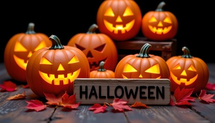 Festive Halloween Display with Illuminated Carved Pumpkins