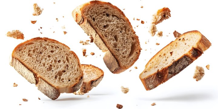 Flying Slices of Crusty Bread with Crumbs