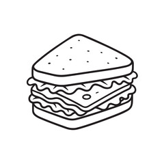 Vector minimalist illustration of a sandwich breakfast, designed in simple black and white theme, showing bread layers with bold clean outline strongly emphasized black.