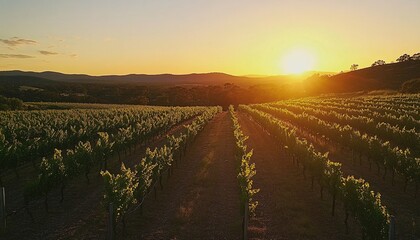 Fototapeta premium Rows of grapevines stretch across the landscape as the sun sets behind distant mountains, casting a warm golden light.
