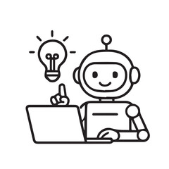 Stylized vector drawing of robot using laptop, AI ChatGPT theme solution, presented in elegant monochrome black and white with bold outlined structure.