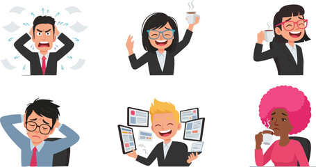 Fototapeta premium Cartoon business people, office workers, stress, happiness, coffee break, multitasking, emotions, frustration, tired employees, corporate lifestyle illustration, workplace character set