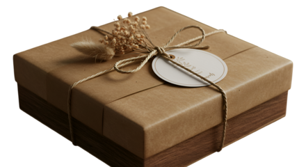 A rustic kraft gift box hinting at thoughtful gestures and natural elegance tied with twine and dried florals against a