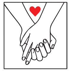 Minimalist vector art featuring hands connected in love, designed in monochrome black and white, showcasing unity, affection, and bold outline using black.